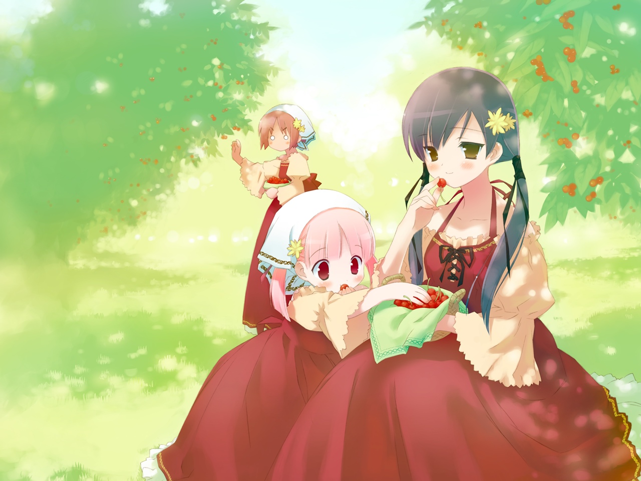 akino momiji, kiriyama sakura, sera karen, sakura musubi, 3girls, cherry, child, food, fruit, halterneck, long sleeves, multiple girls, sky