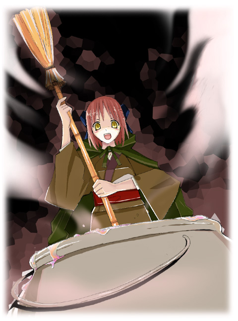 kohaku (tsukihime), tsukihime, type-moon, pot, 00s, 1girl, bamboo broom, broom, cape, cauldron, female focus, hair ribbon, japanese clothes, kimono, obi, red hair, ribbon, sash, short hair, solo, witch, yellow eyes