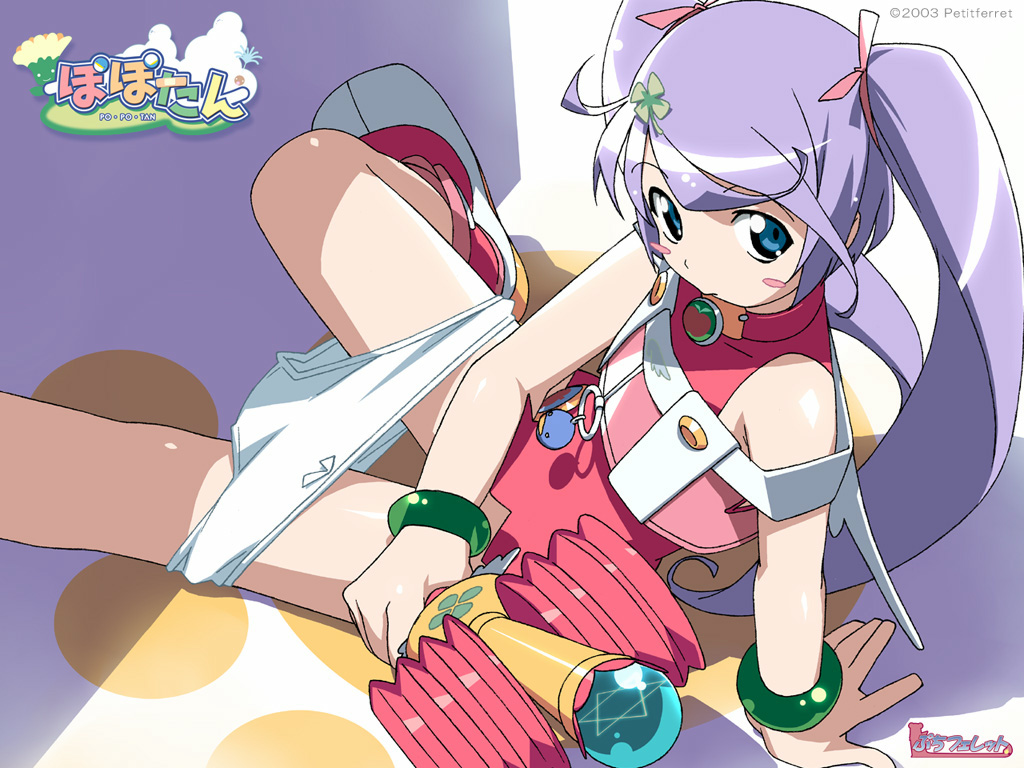 watanabe akio, mii (popotan), popotan, 00s, 1girl, 2003, badge, blush stickers, button badge, copyright name, female focus, ferret, hammer, loli, long hair, panties, panty pull, petite, purple hair, solo, twintails, underwear, wand, white panties