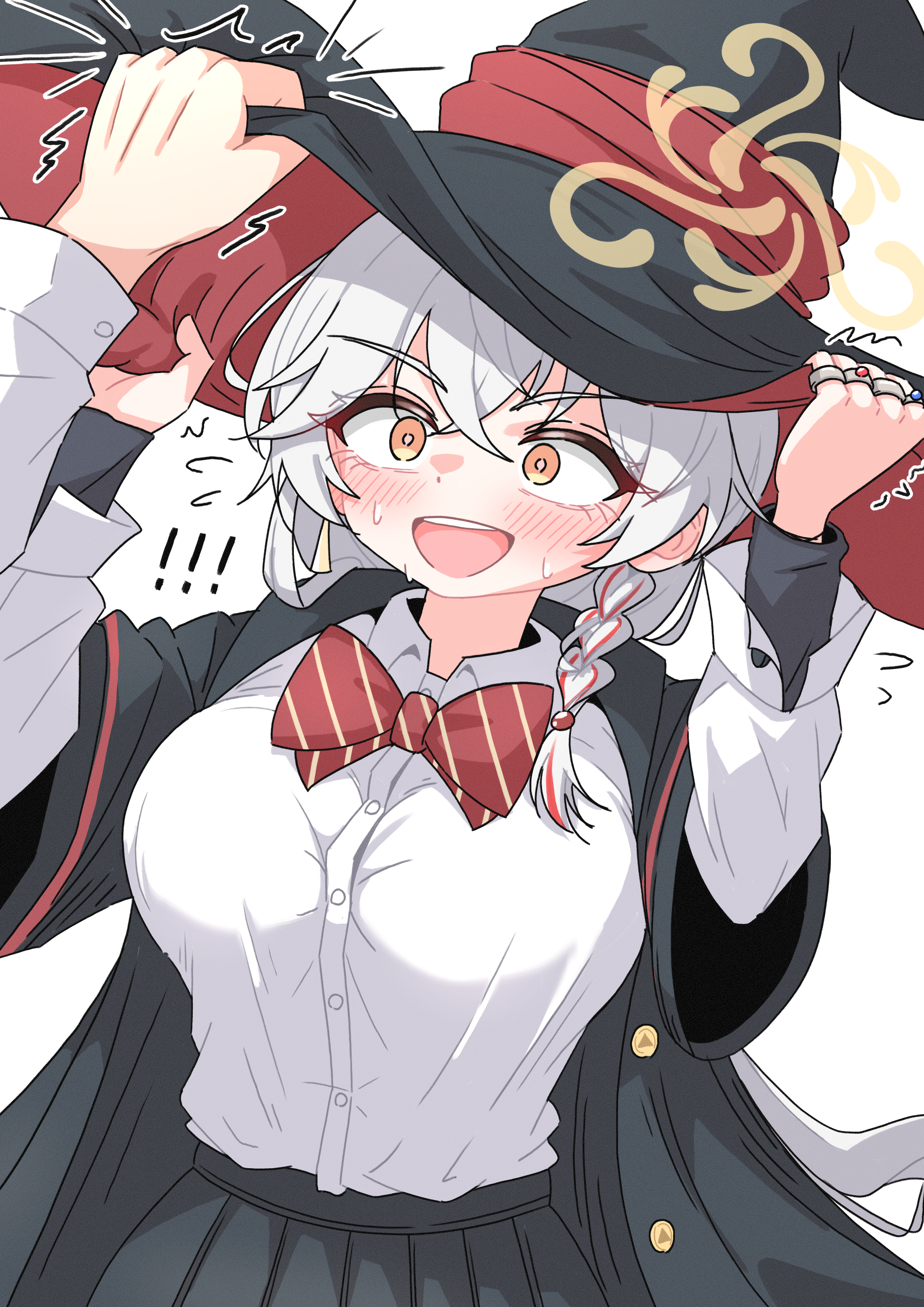chilong (heronas), eri (blue archive), blue archive, absurdres, commentary request, highres, korean commentary, md5 mismatch, !, !!, 1girl, 1other, black hat, black skirt, black sweater, blush, braid, breasts, grey hair, halo, hat, large breasts, layered sleeves, long hair, open mouth, shirt, simple background, single braid, skirt, smile, solo focus, sweater, sweater under shirt, turtleneck, turtleneck sweater, white background, white shirt, witch hat, yellow eyes, yellow halo