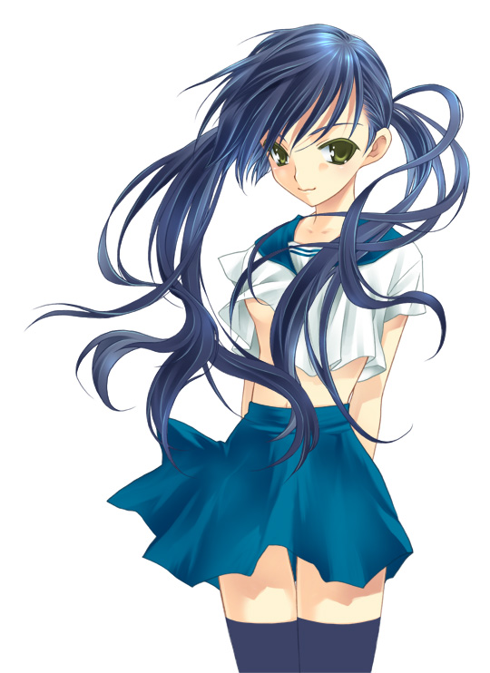 takigawa yuu, 1girl, breasts, female focus, midriff, naughty face, navel, no bra, pleated skirt, school uniform, serafuku, skirt, small breasts, solo, thighhighs, twintails, underboob, zettai ryouiki