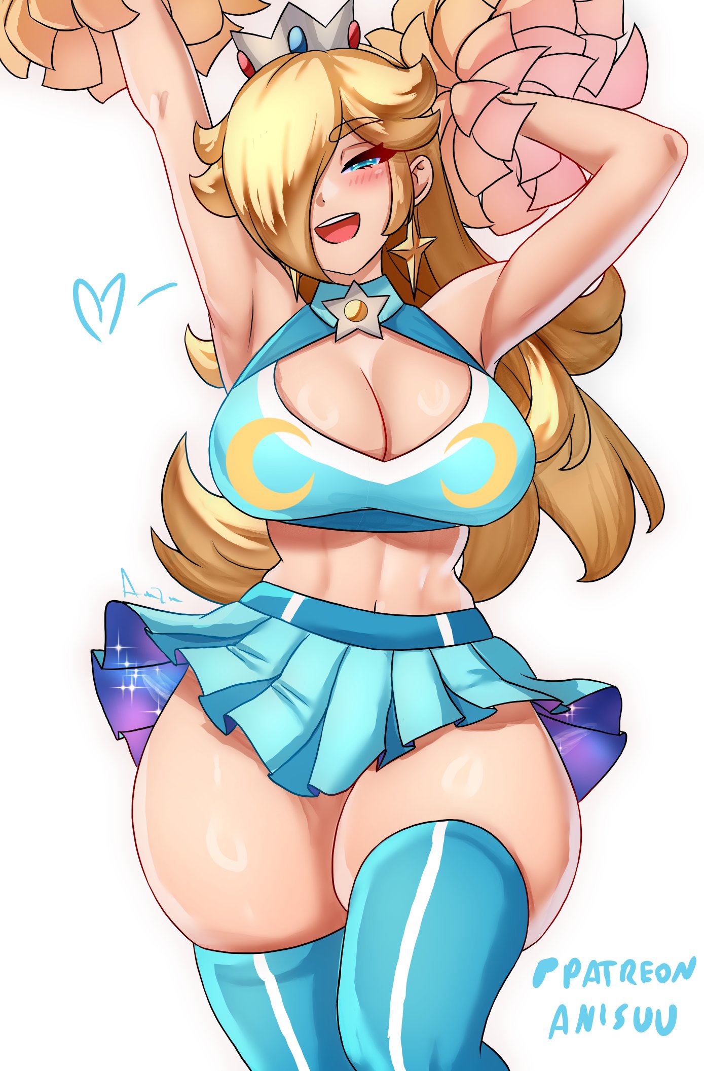 anisdrawn, rosalina, mario (series), nintendo, highres, 1girl, armpits, arms up, bare shoulders, blonde hair, blue eyes, blue shirt, blue skirt, blue thighhighs, blush, breasts, brooch, cheering, cheerleader, cleavage, crop top, cropped shirt, crown, earrings, grey crown, hair over one eye, holding, jewelry, large breasts, long hair, looking at viewer, midriff, navel, open mouth, pom pom (cheerleading), purple skirt, shirt, silver crown, simple background, skirt, smile, solo, star (symbol), star brooch, star earrings, teeth, thighhighs, upper teeth only, white background