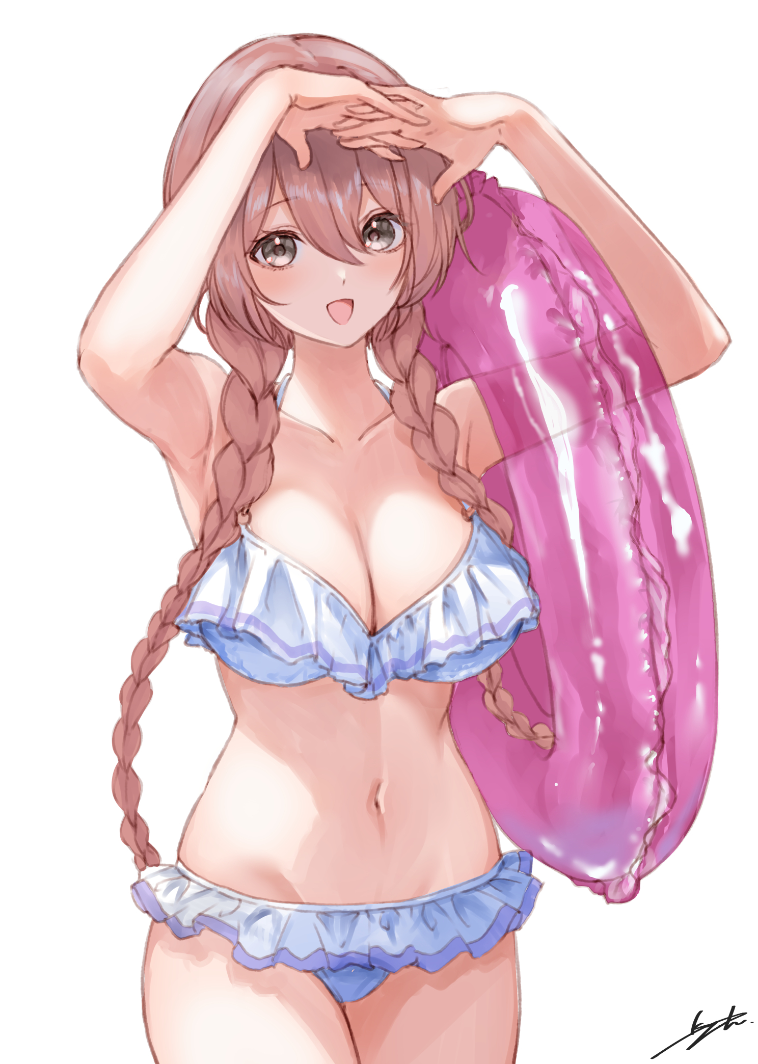 amayui moka, vspo!, highres, 1girl, arms up, bikini, blue bikini, braid, breasts, brown hair, cleavage, collarbone, cowboy shot, frilled bikini, frills, grey eyes, hair between eyes, illus kiyotaka, innertube, interlocked fingers, large breasts, long hair, looking at viewer, low twin braids, navel, open mouth, outdoors, own hands together, signature, simple background, solo, standing, swim ring, swimsuit, twin braids, very long hair, virtual youtuber, water, white background