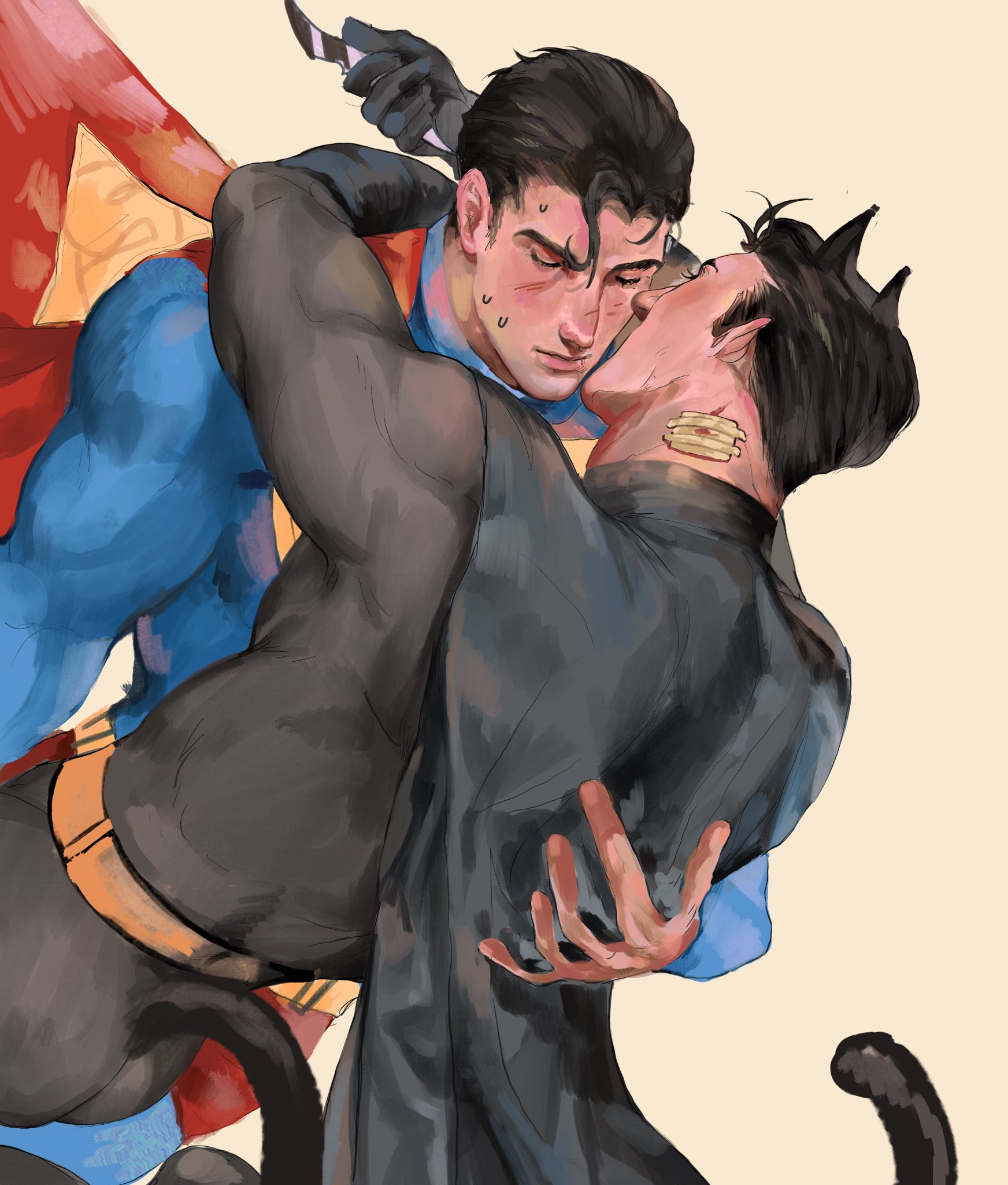 pearlyx z, batman, superman, batman (series), dc comics, superman (series), commentary, english commentary, highres, 2boys, animal ears, arms around neck, belt, black bodysuit, black cape, black hair, blue bodysuit, bodysuit, cape, cat boy, cat ears, cat tail, closed eyes, closed mouth, cowboy shot, dutch angle, gauze, gauze on neck, holding, kemonomimi mode, kiss, kissing cheek, male focus, multiple boys, nervous sweating, red cape, short hair, sideburns, simple background, superhero costume, superman logo, sweat, tail, yaoi, yellow belt