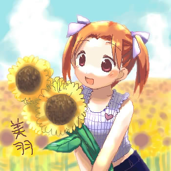matsuoka miu, ichigo mashimaro, lowres, 1girl, blouse, child, female focus, field, flower, flower field, oekaki, shirt, sleeveless, sleeveless shirt, solo, sunflower, sunflower field