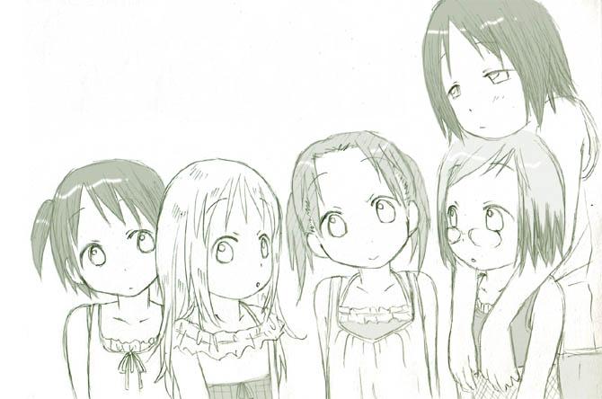 ana coppola, itou chika, itou nobue, matsuoka miu, sakuragi matsuri, ichigo mashimaro, 5girls, child, glasses, hug, monochrome, multiple girls, short hair, siblings, sisters, sketch, twintails