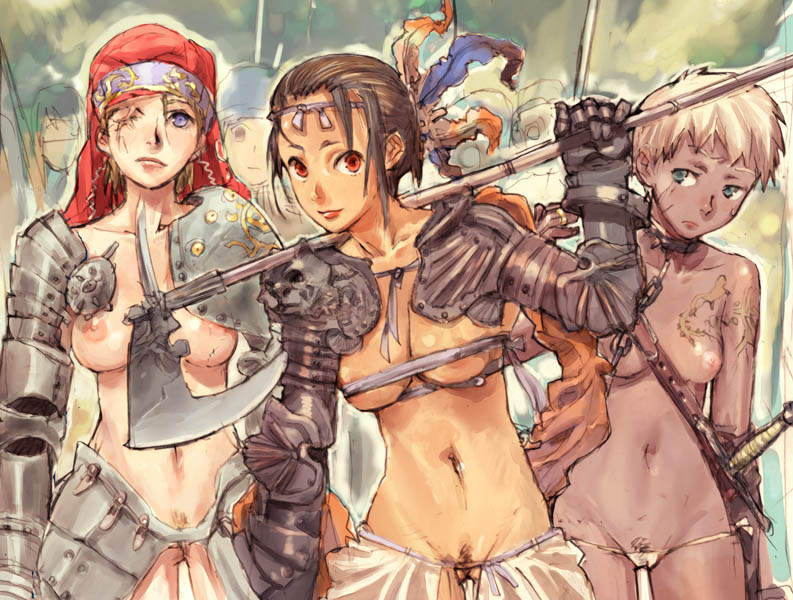 humi, toi8, 3girls, armor, axe, blue eyes, breasts, chain, chain leash, dark-skinned female, dark skin, fantasy, female pubic hair, hip focus, leash, lowleg, lowleg panties, medium breasts, midriff, multiple girls, nipples, no panties, nude, panties, polearm, pubic hair, pussy, red eyes, scar, scar across eye, scar on face, side-tie panties, slave, tattoo, uncensored, underwear, underwear only, weapon, white panties