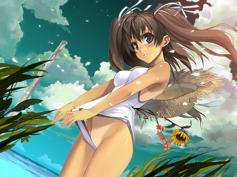 morii shizuki, original, duplicate, 1girl, beach, black eyes, brown hair, bush, casual one-piece swimsuit, clothes lift, clothes pull, cloud, day, dutch angle, female focus, flower, hair ribbon, hat, hat on back, lifting own clothes, long hair, ocean, one-piece swimsuit, one-piece swimsuit pull, one-piece tan, outdoors, petals, ribbon, sky, solo, star (sky), straw hat, sunflower, swimsuit, swimsuit lift, tan, tanline, twintails, water, wind