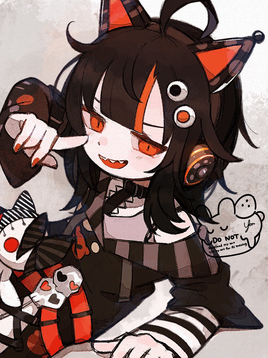 yknsugar, mahou shoujo no majo saiban, highres, 1girl, ahoge, animal ear headphones, animal ears, black choker, black dress, black hair, cat ear headphones, choker, dress, eyeball hair ornament, fake animal ears, headphones, hime cut, orange eyes, orange nails, orange streaks, sawatari koko, sharp teeth, skull ornament, slit pupils, solo, stuffed animal, stuffed toy, teeth, watermark