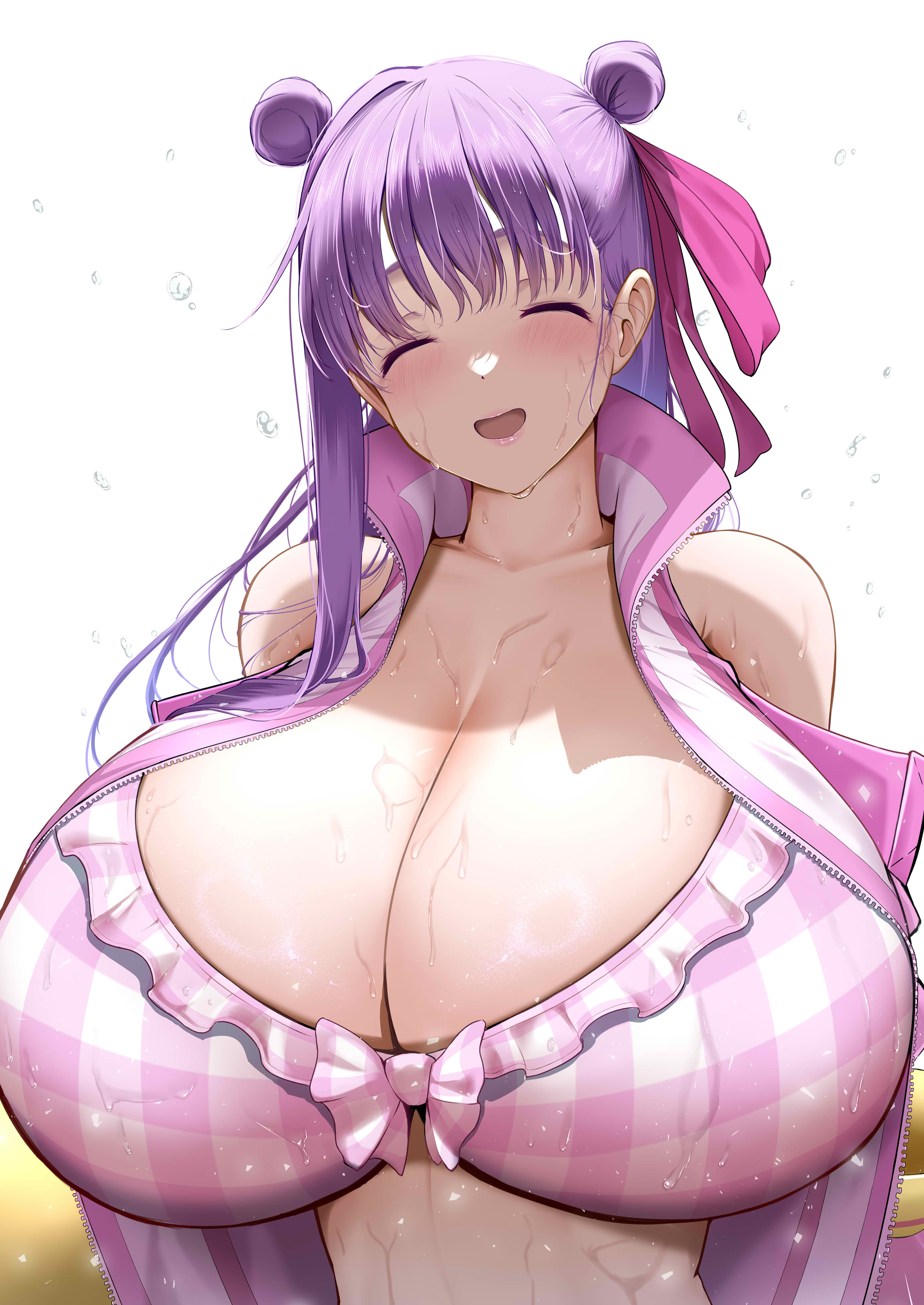 kamehito, passionlip (fate), fate/grand order, fate (series), absurdres, highres, 1girl, bare shoulders, bikini, blush, breasts, claw (weapon), cleavage, closed eyes, clothing cutout, hair ribbon, huge breasts, jacket, long hair, navel, open mouth, passionlip (swimsuit saber) (first ascension) (fate), pink bikini, pink jacket, pink ribbon, purple hair, ribbon, shoulder cutout, smile, solo, swimsuit, very long hair, weapon
