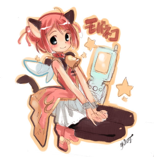 okishiji en, moba-neko, ikusei nekomimmi yousei, 1girl, animal ears, bell, cat ears, cat tail, cellphone, character name, fairy, female focus, mini person, minigirl, orange outline, outline, phone, signature, solo, tail, wings