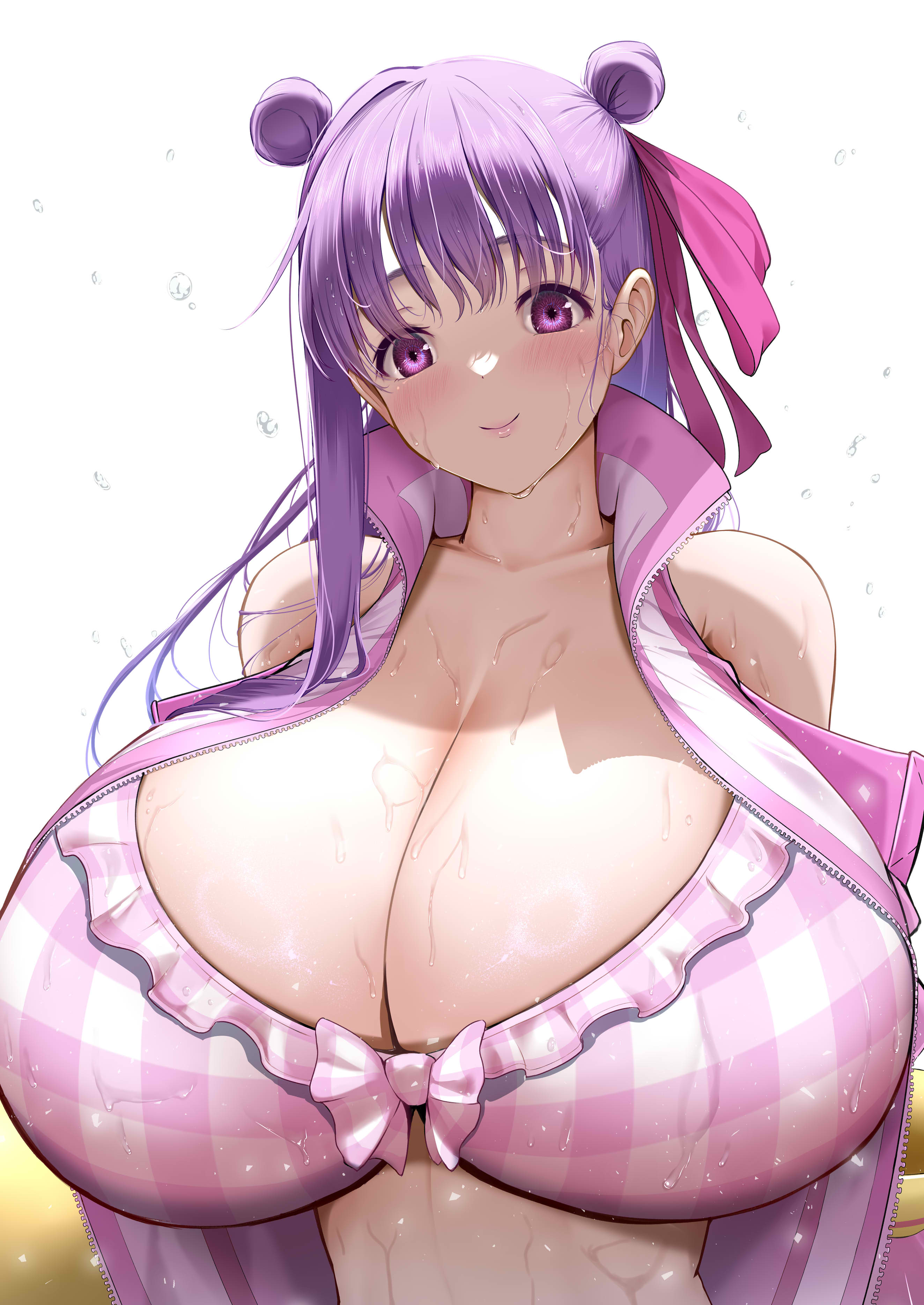 kamehito, passionlip (fate), fate/grand order, fate (series), absurdres, highres, 1girl, bare shoulders, bikini, blush, breasts, claw (weapon), cleavage, closed mouth, clothing cutout, hair ribbon, huge breasts, jacket, long hair, looking at viewer, navel, passionlip (swimsuit saber) (first ascension) (fate), pink bikini, pink eyes, pink jacket, pink ribbon, purple hair, ribbon, shoulder cutout, smile, solo, swimsuit, very long hair, weapon
