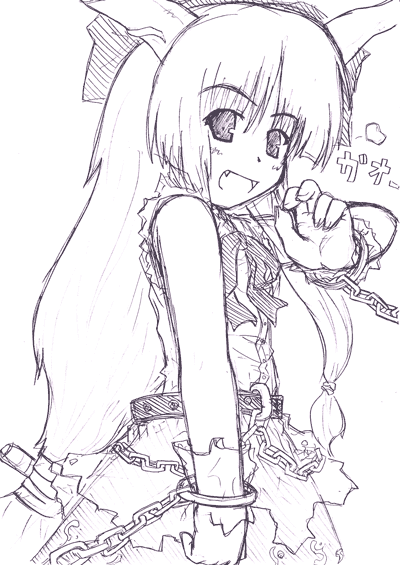 etogami kazuya, ibuki suika, touhou, 1girl, :d, ascot, bangle, bare shoulders, belt, blunt bangs, bow, bracelet, chain, fang, female focus, hair bow, happy, horns, jewelry, large bow, long hair, looking at viewer, low-tied long hair, monochrome, open mouth, ponytail, purple theme, shirt, simple background, skirt, smile, solo, torn clothes, torn shirt, very long hair, white background