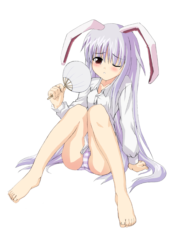 date (senpen), reisen udongein inaba, touhou, 1girl, animal ears, barefoot, blue hair, blue panties, blush, dress shirt, feet, female focus, full body, hand fan, long hair, no pants, panties, pantyshot, paper fan, rabbit ears, red eyes, shirt, simple background, sitting, solo, striped clothes, striped panties, uchiwa, underwear, very long hair, white background