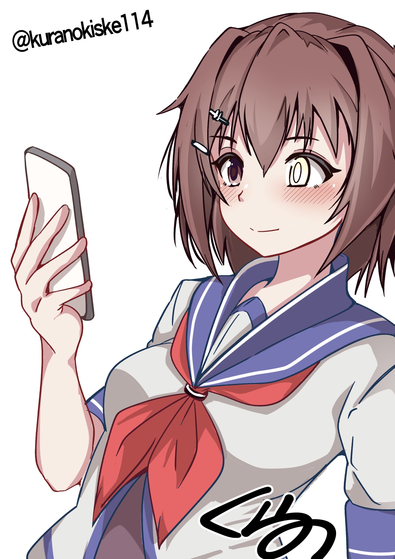 kurano kisuke, furutaka (kancolle), kantai collection, highres, 1girl, blue sailor collar, brown eyes, brown hair, cellphone, glowing, glowing eye, heterochromia, looking at phone, neckerchief, phone, red neckerchief, sailor collar, sailor shirt, school uniform, serafuku, shirt, short hair, signature, simple background, solo, twitter username, white background, white shirt, yellow eyes