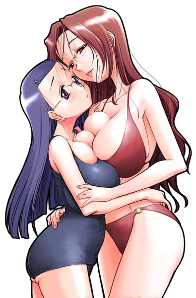 katou ryouichi, 2girls, bikini, blue hair, blue one-piece swimsuit, breast press, breasts, brown hair, glasses, huge breasts, long hair, multiple girls, one-piece swimsuit, red bikini, swimsuit, symmetrical docking, yuri