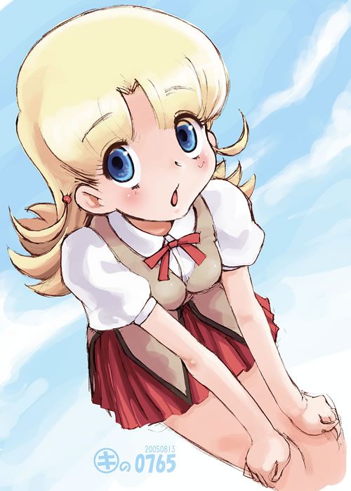 kei jiei, koshimizu ami, nadja applefield, tsukamoto tenma, ashita no nadja, school rumble, 1girl, 2005, blonde hair, blue eyes, blush, cloud, cosplay, crossover, dated, dutch angle, female focus, leaning forward, outdoors, parody, sky, solo, tsukamoto tenma (cosplay), voice actor connection