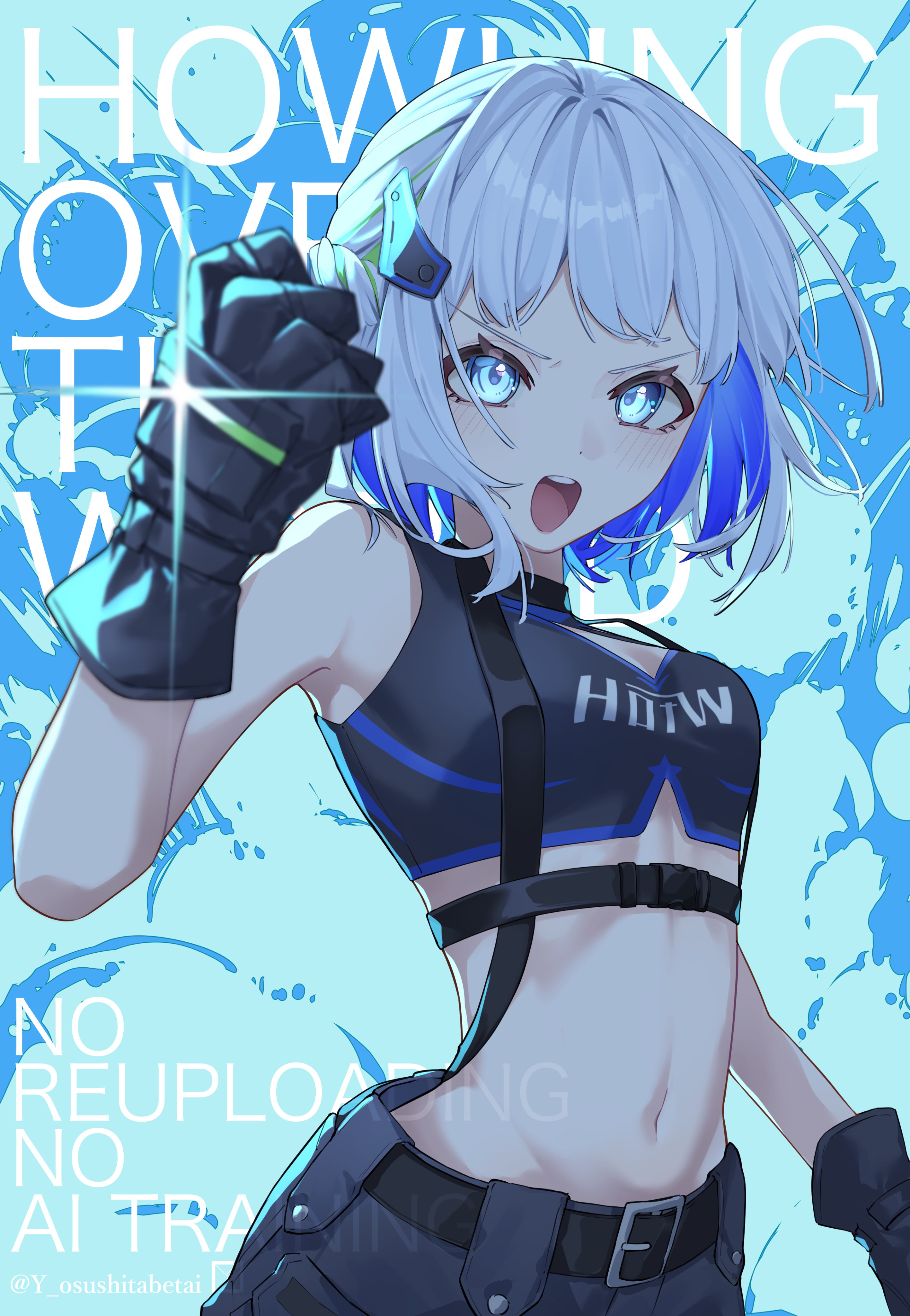 y (user kjgm5733), katsuragi lilja, gakuen idolmaster, idolmaster, absurdres, highres, 1girl, belt, belt buckle, black belt, black gloves, black pants, blue eyes, blue hair, breasts, buckle, cleavage, colored inner hair, crop top, gloves, hair ornament, hairclip, midriff, multicolored hair, navel, open mouth, pants, sleeveless, small breasts, solo, stomach, strap gap, two-tone hair, v-shaped eyebrows, watermark, white hair
