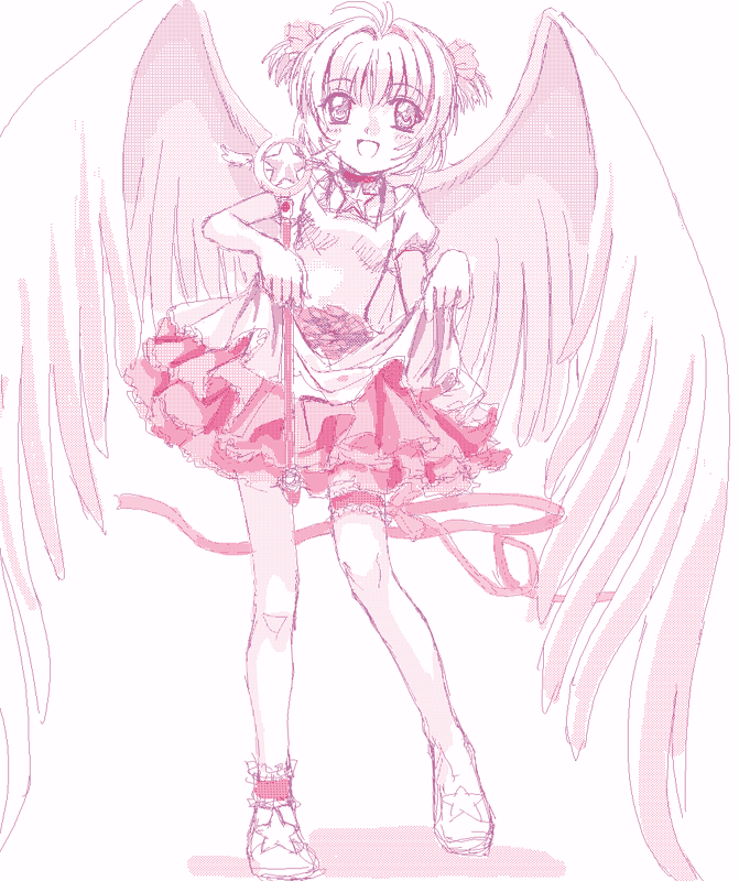 mutsuki (moonknives), kinomoto sakura, kinomoto sakura (astral sakura), cardcaptor sakura, kodansha, 1990s (style), 1girl, child, female focus, frilled thigh strap, hoshi no tsue, magical girl, monochrome, oekaki, pink theme, retro artstyle, solo, thigh strap, white background, wings