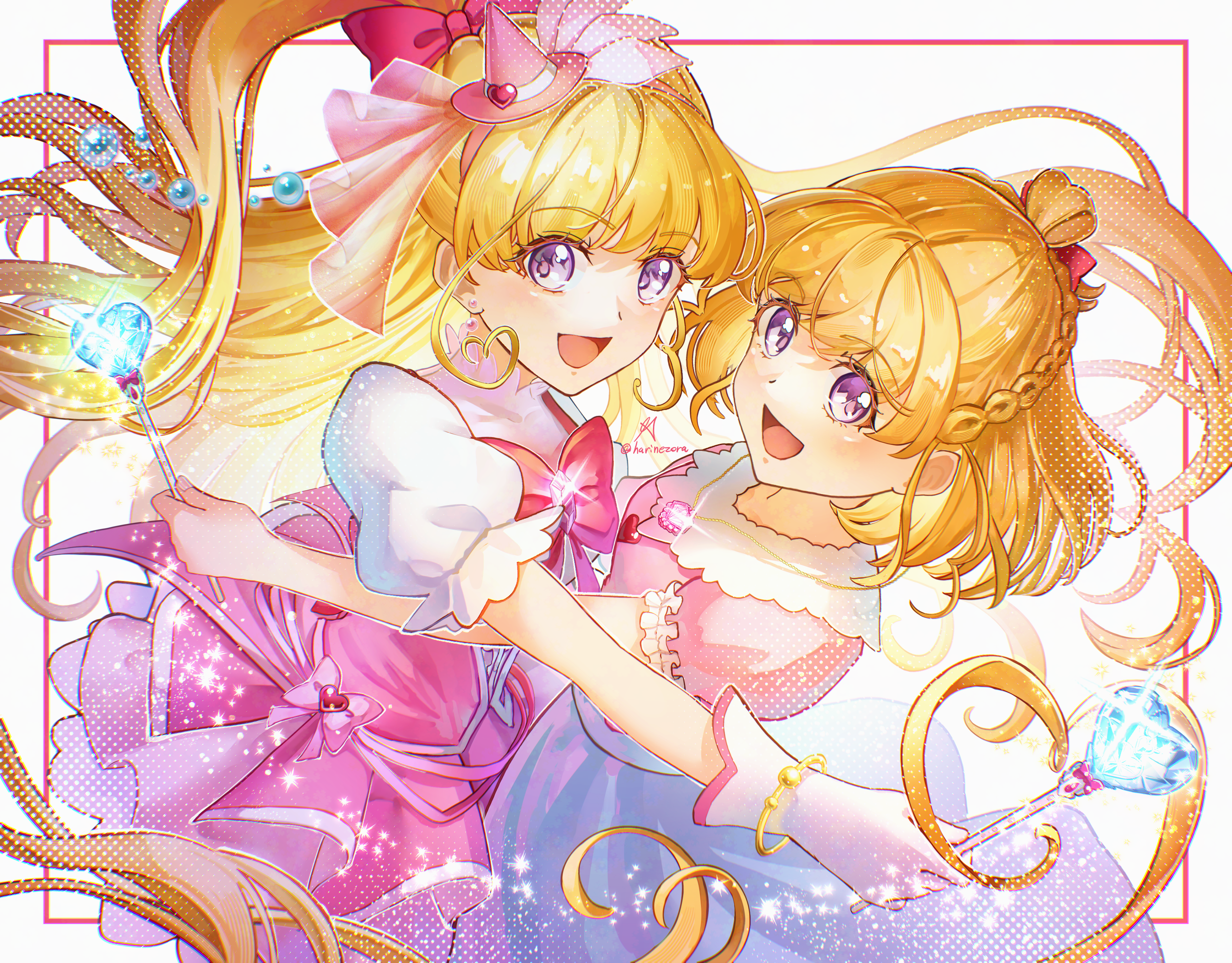 aoi hane, asahina mirai, cure miracle, mahou girls precure!, mahou girls precure!! mirai days, precure, absurdres, highres, 2girls, :d, blonde hair, blue skirt, bow, braid, brooch, floating hair, gem, gloves, hair bow, hairband, hat, heart, heart brooch, high ponytail, holding, holding wand, jewelry, layered skirt, long hair, long skirt, medium skirt, mini hat, mini witch hat, multiple girls, open mouth, pink gemstone, pink hairband, pink hat, pink shirt, pink skirt, ponytail, purple eyes, red bow, shirt, short sleeves, skirt, smile, twitter username, very long hair, wand, white gloves, white shirt, white sleeves, witch hat