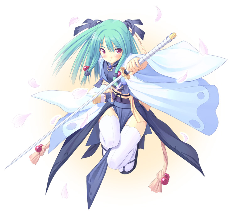 poco (asahi age), 1girl, blush, fantasy, female focus, green hair, hair bobbles, hair ornament, hair ribbon, japanese clothes, jumping, long hair, petals, red eyes, ribbon, sandals, solo, sword, thighhighs, weapon, white thighhighs, zouri