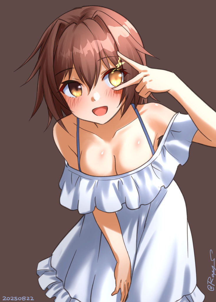 ray.s, furutaka (kancolle), kantai collection, 1girl, alternate costume, breasts, brown eyes, brown hair, cleavage, cowboy shot, dress, frilled dress, frills, glowing, glowing eye, grey background, heterochromia, looking at viewer, medium breasts, one-hour drawing challenge, open mouth, short hair, simple background, smile, solo, v, v over eye, white dress, yellow eyes