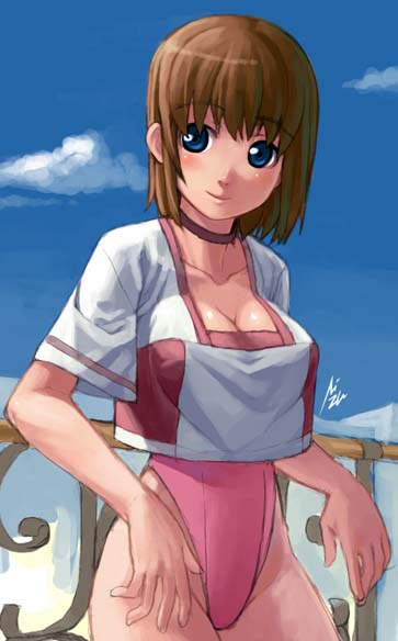 mizuki gyokuran, battle athletes, character request, 1990s (style), 1girl, blue eyes, blush, breasts, brown hair, choker, cleavage, female focus, gym uniform, highleg, highleg leotard, large breasts, leotard, retro artstyle, short hair, smile, solo