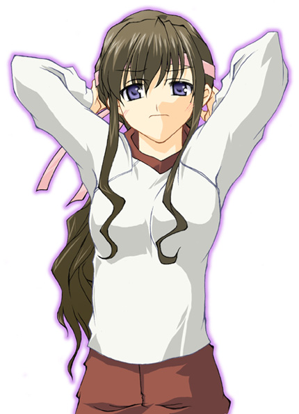 toudou shimako, maria-sama ga miteru, 00s, 1girl, arms up, brown hair, female focus, frown, gym uniform, headband, long hair, outline, purple eyes, purple outline, shirt, simple background, solo, tying, white background