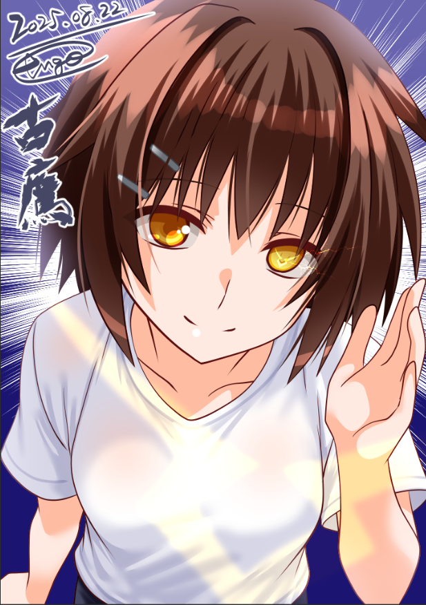 engo (aquawatery), furutaka (kancolle), kantai collection, commentary request, 1girl, alternate costume, blue background, brown eyes, brown hair, character name, dated, glowing, glowing eye, heterochromia, looking at viewer, one-hour drawing challenge, shirt, short hair, signature, smile, solo, t-shirt, white shirt, yellow eyes