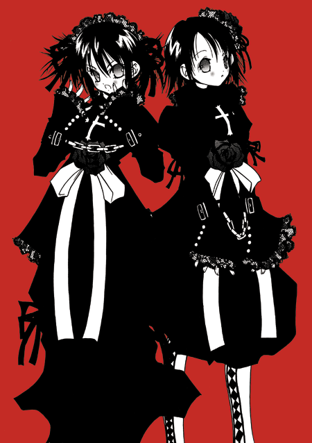 kishou fujiyoshi, 2girls, bdsm, bondage, bound, chain, cross, frills, goth fashion, gothic lolita, high contrast, latin cross, lolita fashion, monochrome, multiple girls, red background