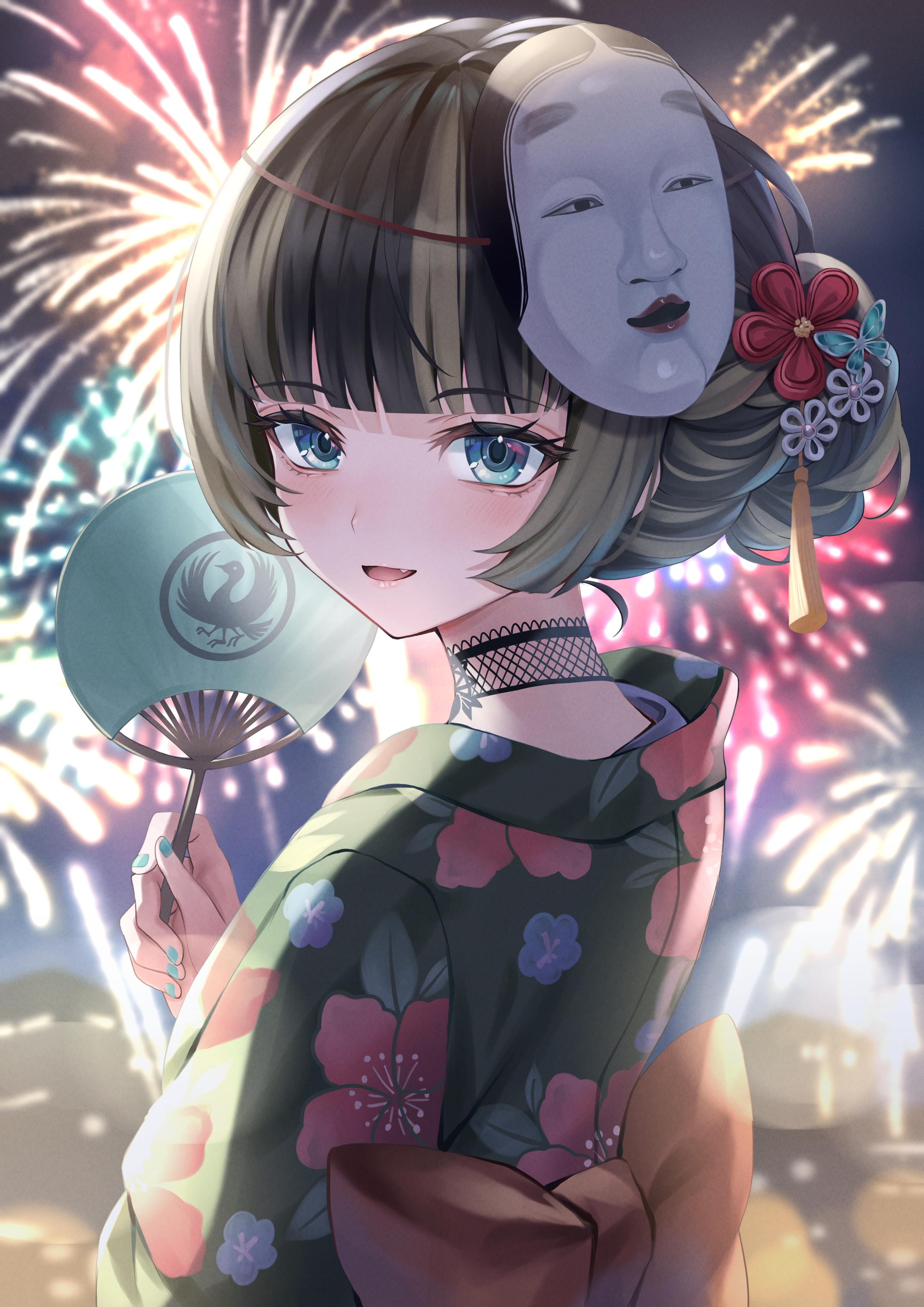 akami770, juufuutei raden, hololive, hololive dev is, absurdres, commentary request, highres, 1girl, :d, aerial fireworks, alternate costume, alternate hairstyle, black choker, black hair, blue eyes, blunt bangs, choker, fang, fireworks, floral print, floral print kimono, green kimono, grey hair, hair bun, hair ornament, japanese clothes, kimono, lace, lace choker, looking at viewer, looking back, mask, mask on head, multicolored hair, nail polish, night, noh mask, open mouth, print kimono, short hair, single hair bun, smile, solo, summer festival, tassel, tassel hair ornament, two-tone hair, virtual youtuber, yukata