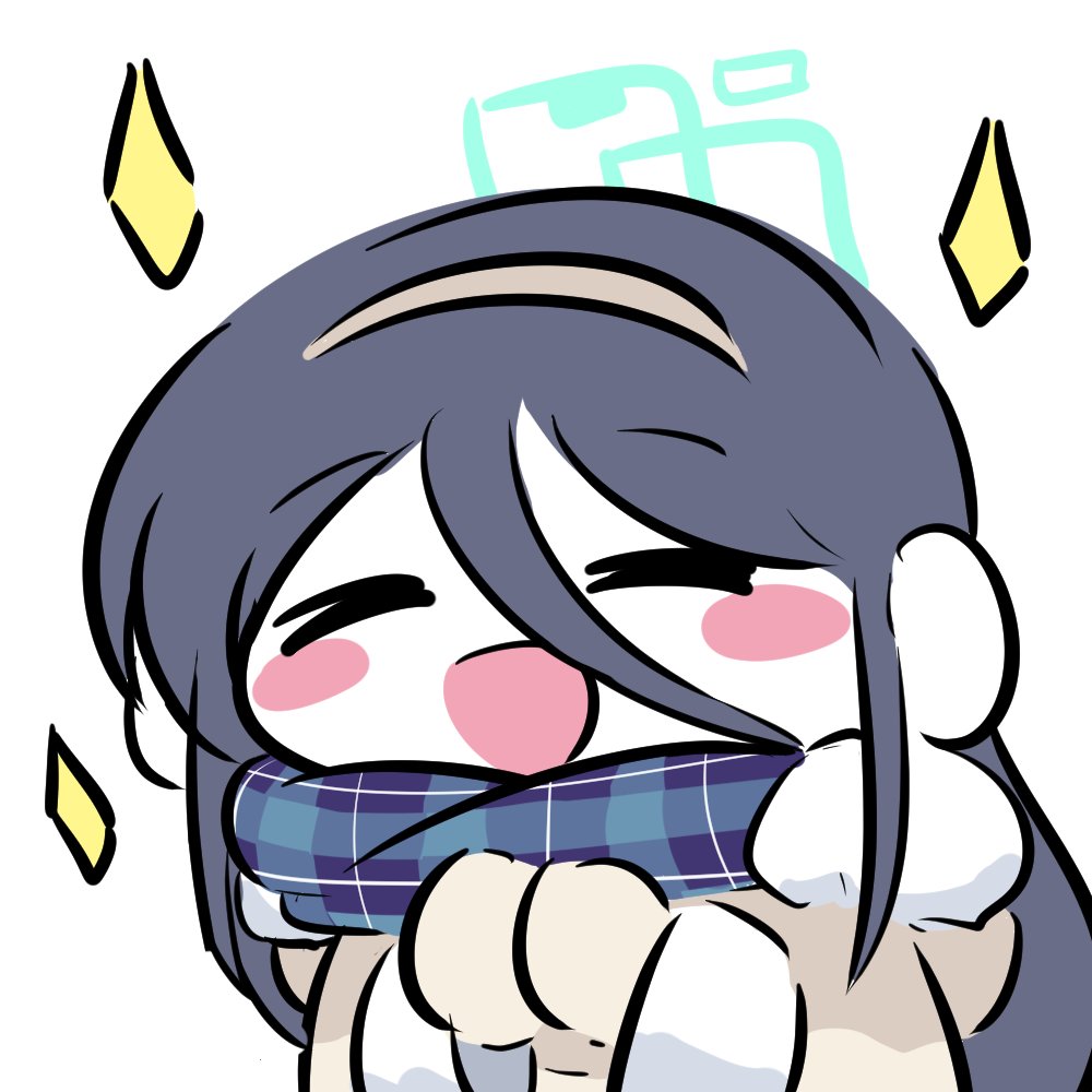 zzul0714, aris (blue archive), aris (winter) (blue archive), blue archive, hashtag-only commentary, 1girl, aqua halo, black hair, blue scarf, blush stickers, brown coat, brown hairband, brown mittens, chibi, closed eyes, coat, earmuffs, facing viewer, fur-trimmed coat, fur-trimmed sleeves, fur trim, hair between eyes, hairband, halo, hood, hood down, hooded coat, long hair, long hair between eyes, long sleeves, mittens, multicolored scarf, official alternate costume, open mouth, own hands together, plaid clothes, plaid scarf, rectangular halo, scarf, sidelocks, simple background, smile, solo, sparkle, upper body, white background, winter clothes