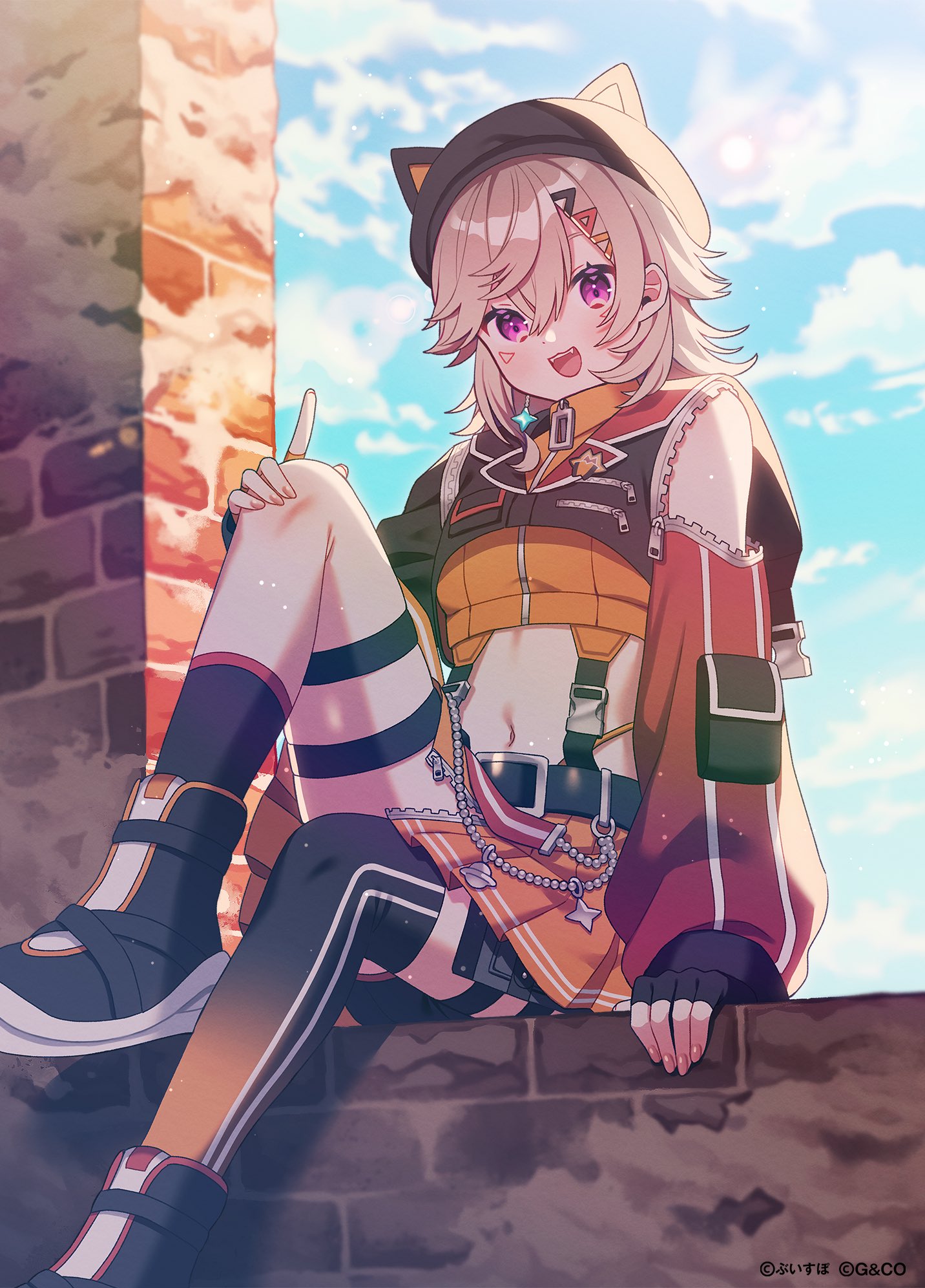 amagi hana, komori met, vspo!, highres, official art, 1girl, animal ears, asymmetrical legwear, black boots, black gloves, black hat, black socks, black thighhighs, blue sky, boots, cat ears, cloud, fake animal ears, fang, fingerless gloves, gloves, hair between eyes, hat, knee up, long sleeves, looking at viewer, medium hair, navel, open mouth, outdoors, sitting, sky, smile, socks, solo, stomach, teeth, thigh strap, thighhighs, uneven legwear, upper teeth only, virtual youtuber