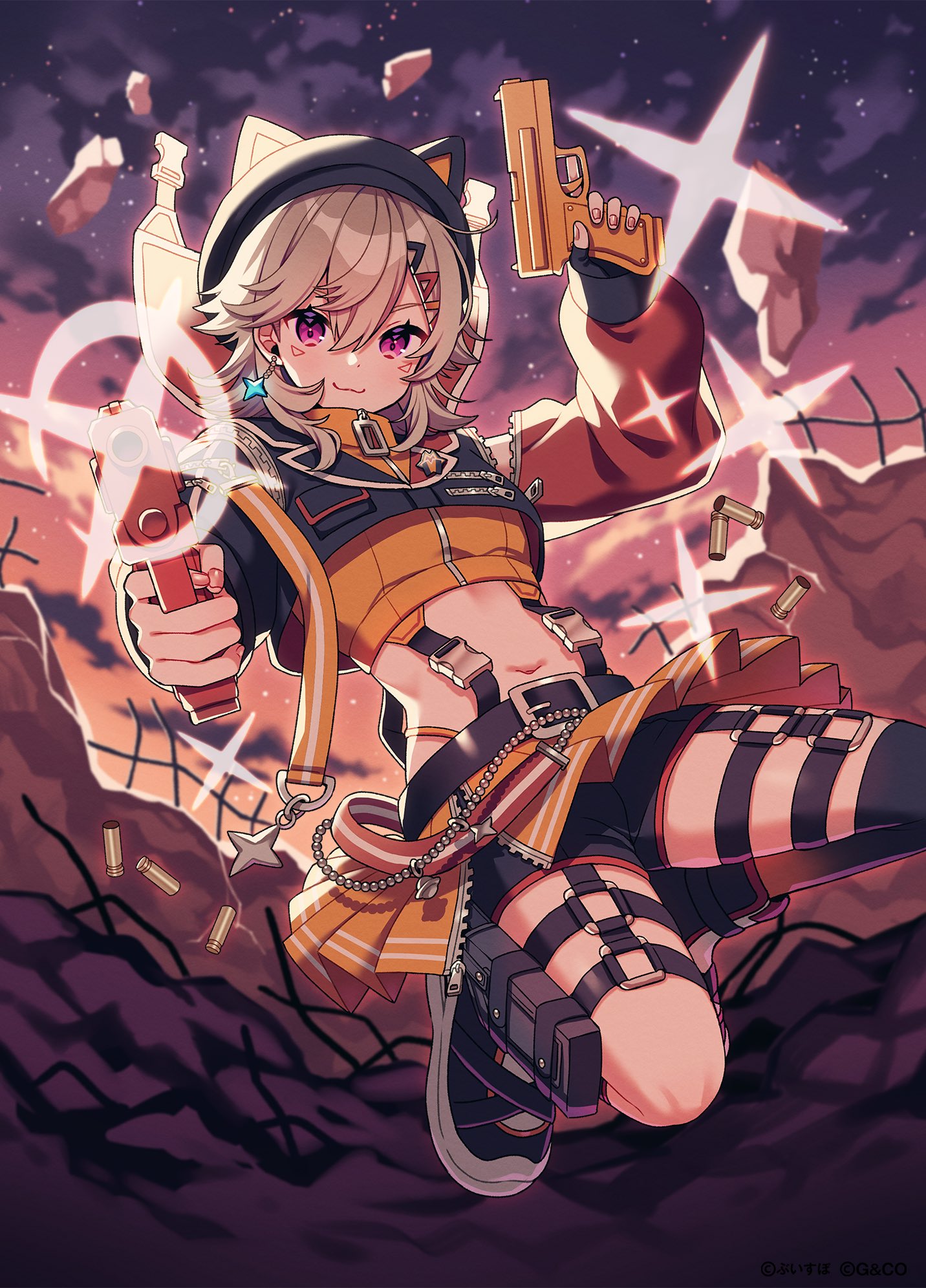 amagi hana, komori met, vspo!, highres, official art, 1girl, animal ears, black boots, black gloves, black hat, black thighhighs, boots, cat ears, closed mouth, fake animal ears, fingerless gloves, full body, gloves, gun, hair between eyes, hat, holding, holding gun, holding weapon, long sleeves, looking at viewer, medium hair, navel, night, night sky, outdoors, sky, solo, stomach, thigh strap, thighhighs, virtual youtuber, weapon