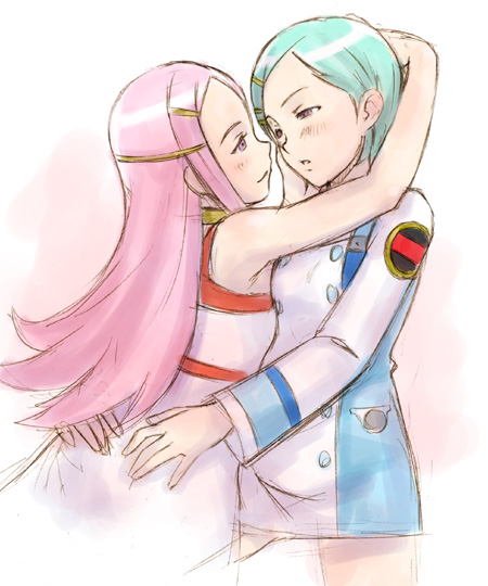 ha-ru, anemone (eureka seven), eureka (eureka seven), bones (company), eureka seven, eureka seven (series), 00s, 2girls, aqua hair, blush, couple, eye contact, face-to-face, female focus, hand on another's ass, long hair, looking at another, multiple girls, pink eyes, pink hair, sketch, yuri