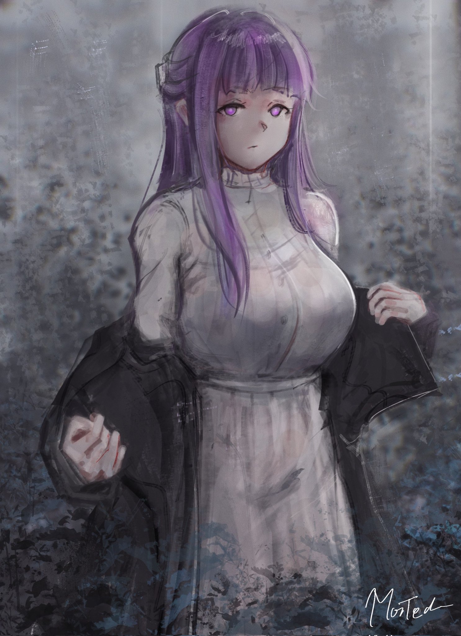fern (sousou no frieren), sousou no frieren, commentary, highres, 1girl, black coat, blunt bangs, breasts, closed mouth, coat, cowboy shot, dress, large breasts, long hair, looking at viewer, morted art, painterly, purple eyes, purple hair, signature, solo, undressing, white dress