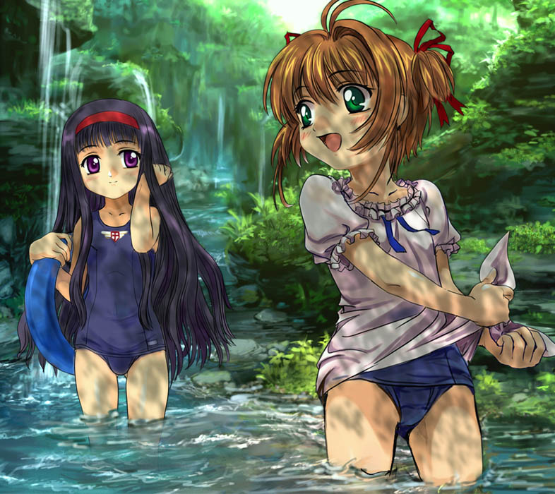 mutsuki (moonknives), daidouji tomoyo, kinomoto sakura, cardcaptor sakura, kodansha, 1990s (style), 2girls, antenna hair, blue one-piece swimsuit, child, hairband, hand in own hair, innertube, multiple girls, nature, no pants, one-piece swimsuit, outdoors, retro artstyle, school swimsuit, shirt, stream, swim ring, swimsuit, swimsuit under clothes, tied shirt, tree, tree shade, wading, water, waterfall, wringing clothes