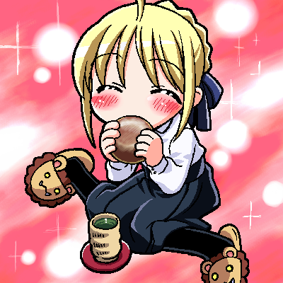 st parasu, artoria pendragon (fate), saber (fate), fate/stay night, fate (series), lowres, 00s, 1girl, ^ ^, black pantyhose, blonde hair, blouse, blush, chibi, chibi only, closed eyes, cup, eating, female focus, green tea, mug, oekaki, pantyhose, shirt, sitting, slippers, solo, tea, wariza, yunomi