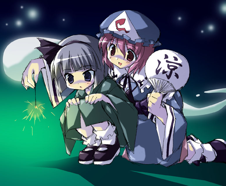petenshi (dr. vermilion), konpaku youmu, konpaku youmu (ghost), saigyouji yuyuko, touhou, 2girls, female focus, green background, hand fan, hat, hitodama, holding, holding fan, holding fireworks, japanese clothes, mob cap, multiple girls, paper fan, triangular headpiece