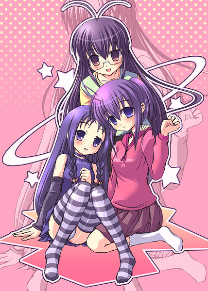 akamatsu ken, ayase yue, miyazaki nodoka, saotome haruna, mahou sensei negima!, striped legwear, white legwear, 00s, 2girls, ahoge, antenna hair, braid, detached sleeves, hood, knees together feet apart, long hair, looking at viewer, multiple girls, panties, pantyshot, pleated skirt, ponytail, purple hair, sitting, skirt, smile, striped clothes, striped thighhighs, thighhighs, twin braids, underwear, very long hair, wariza, zoom layer