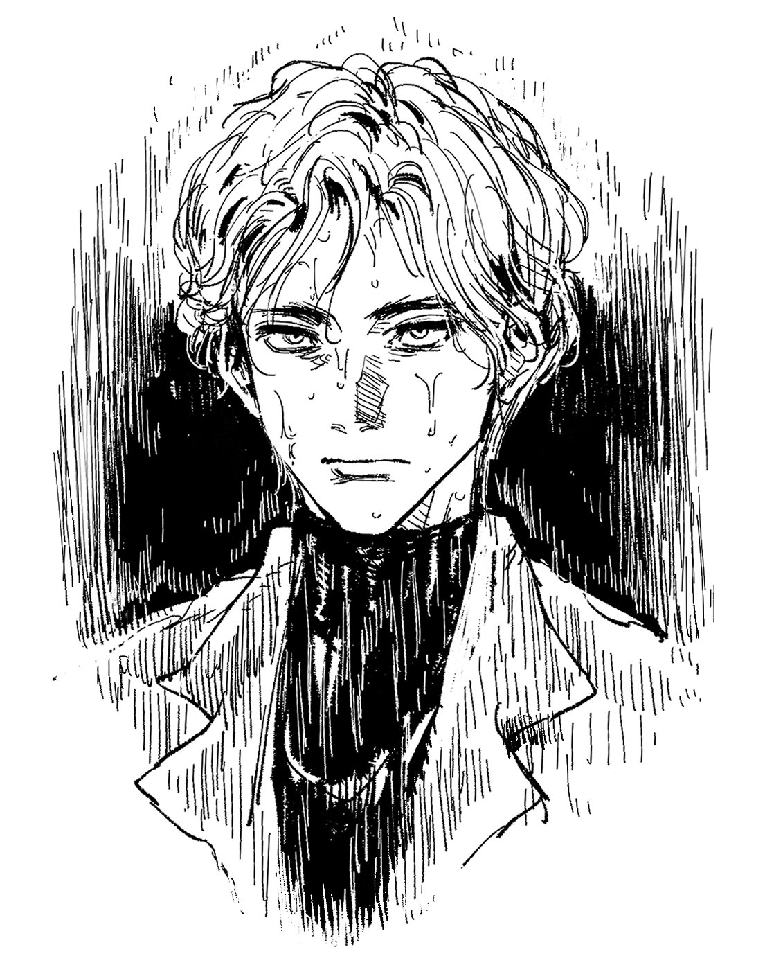 my nameisyoon, johan liebert, monster (manga), highres, 1boy, closed mouth, cropped torso, greyscale, jacket, lapels, male focus, monochrome, notched lapels, parted hair, rain, sanpaku, short hair, simple background, solo, turtleneck, wavy hair, wet, wet hair, white background