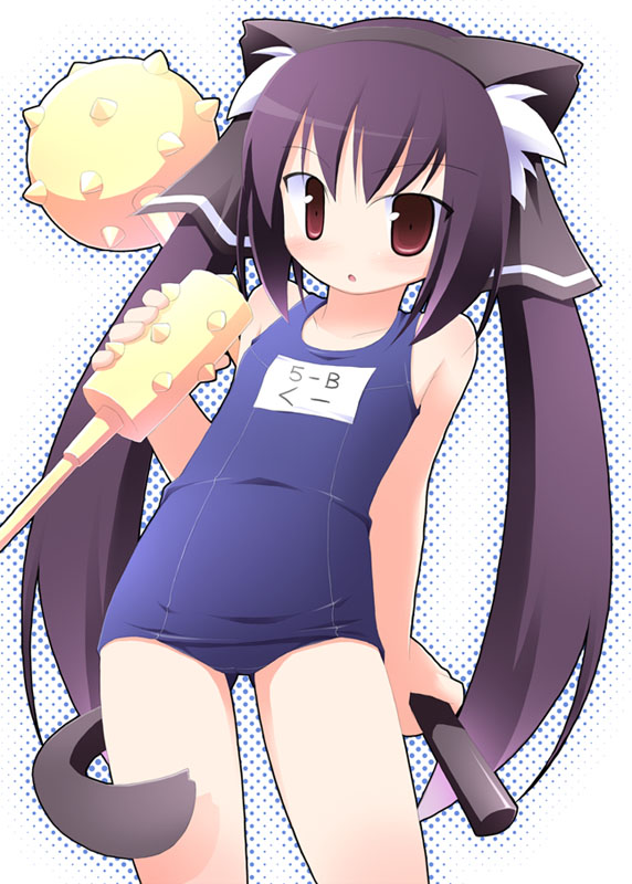 kagura yuuki, kooh (pangya), pangya, 1girl, animal ear fluff, animal ears, blue one-piece swimsuit, cameltoe, cat ears, cat tail, character name, club (weapon), cowboy shot, female focus, golf club, halftone, holding, holding golf club, leaning to the side, long hair, name tag, one-piece swimsuit, outline, school swimsuit, solo, standing, swimsuit, tail, very long hair, white background