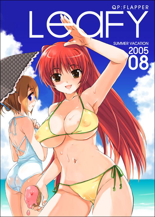 qp:flapper, komaki manaka, kousaka tamaki, to heart (series), to heart 2, 00s, 2girls, ass, beach, bikini, blue eyes, blush, breasts, brown eyes, brown hair, cameltoe, cloud, covered erect nipples, day, folded ponytail, food, ice cream, large breasts, long hair, multiple girls, navel, nipples, ocean, outdoors, red hair, see-through clothes, short hair, side-tie bikini bottom, swimsuit, water