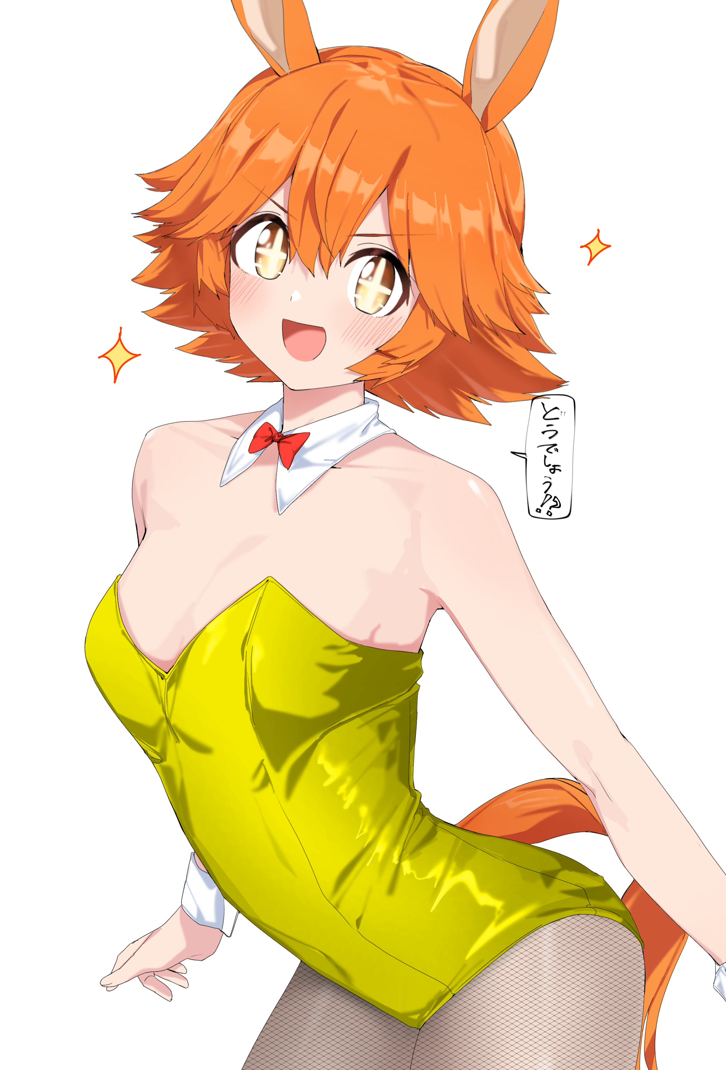 nerukichikatafukuma, matikanefukukitaru (umamusume), umamusume, absurdres, check translation, highres, translation request, 1girl, alternate costume, animal ears, blush, breasts, hair between eyes, hair ornament, horse ears, horse girl, horse tail, leotard, medium breasts, open mouth, orange eyes, orange hair, pantyhose, playboy bunny, simple background, solo, tail, white background
