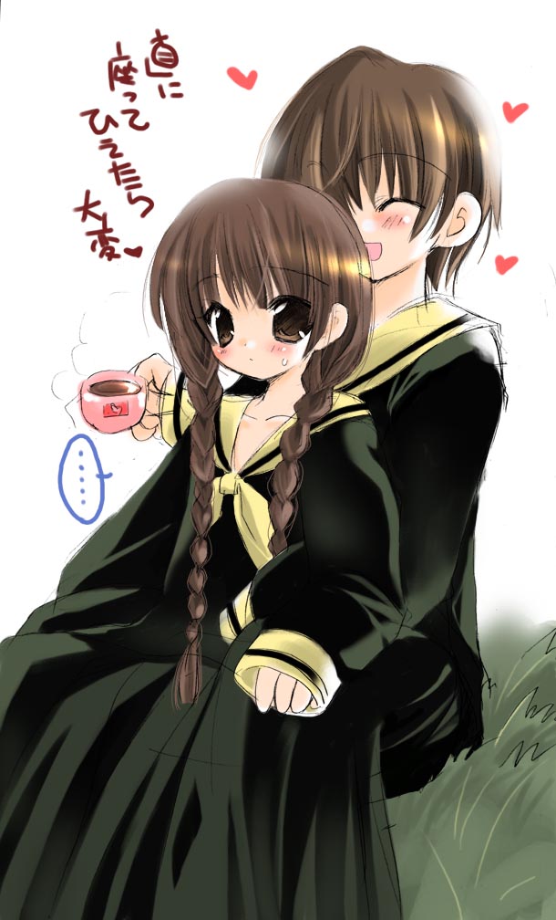 hasekura rei, shimazu yoshino, maria-sama ga miteru, 00s, 2girls, black dress, braid, brown hair, closed eyes, cup, dress, grass, hair over shoulder, heart, long hair, mug, multiple girls, short hair, sitting, smile, twin braids, white background