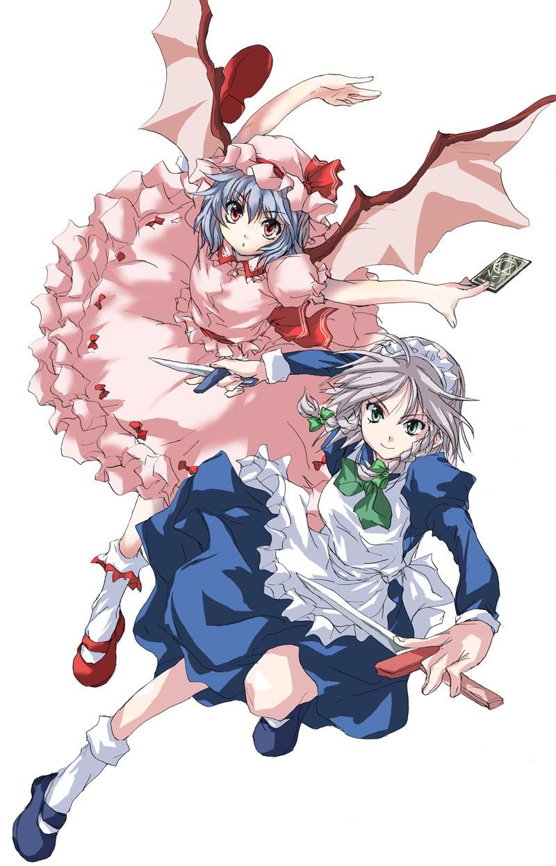 matsukura nemu, izayoi sakuya, remilia scarlet, touhou, silver hair, highres, jpeg artifacts, 2girls, bat wings, blue hair, braid, card, female focus, full body, green eyes, hat, knife, maid, mob cap, multiple girls, ofuda, red eyes, short hair, simple background, smile, socks, sword, talisman, twin braids, weapon, white background, wings
