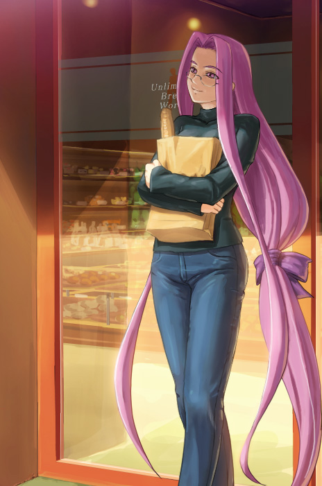 tani, medusa (fate), medusa (rider) (fate), fate/hollow ataraxia, fate/stay night, fate (series), 00s, 1girl, bread, casual, denim, female focus, food, glasses, jeans, long hair, long sleeves, low-tied long hair, official alternate costume, pants, pink eyes, ponytail, purple eyes, purple hair, smile, solo, square pupils, turtleneck, very long hair