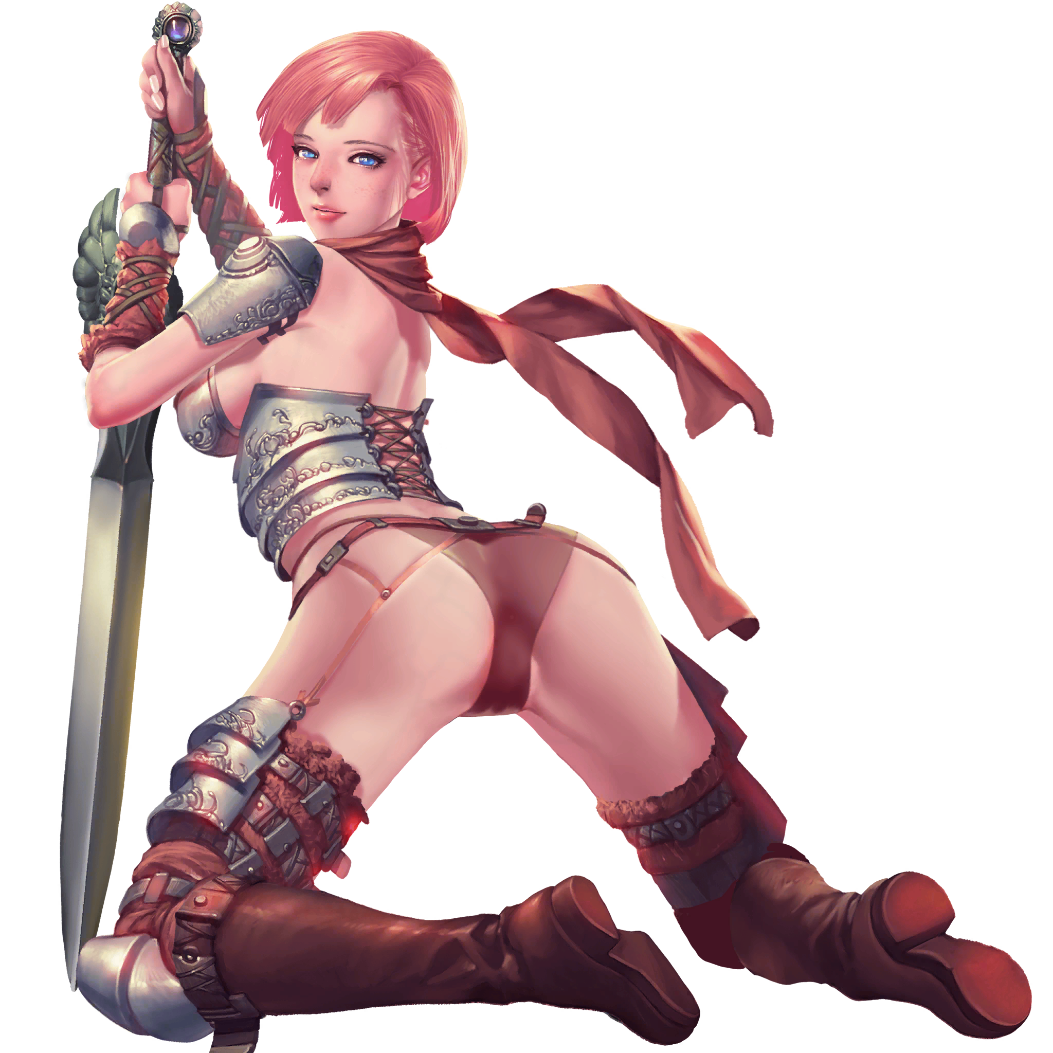 crystal maiden (series), artist request, bad source, game cg, highres, official art, third-party source, 1girl, armor, ass, blue eyes, boots, breasts, from behind, full body, helen (crystal maidens), holding, holding sword, holding weapon, knee armor, kneeling, looking at viewer, looking back, panties, pink hair, red scarf, scarf, short hair, shoulder armor, sideboob, solo, sword, transparent background, underwear, weapon