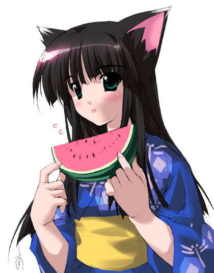 minamino kanata, shinozuka arashi, gad guard, md5 mismatch, 00s, 1girl, animal ears, black hair, blue kimono, cat ears, female focus, food, fruit, green eyes, holding, holding food, holding fruit, holding watermelon, japanese clothes, kimono, long hair, obi, sash, solo, watermelon, yukata
