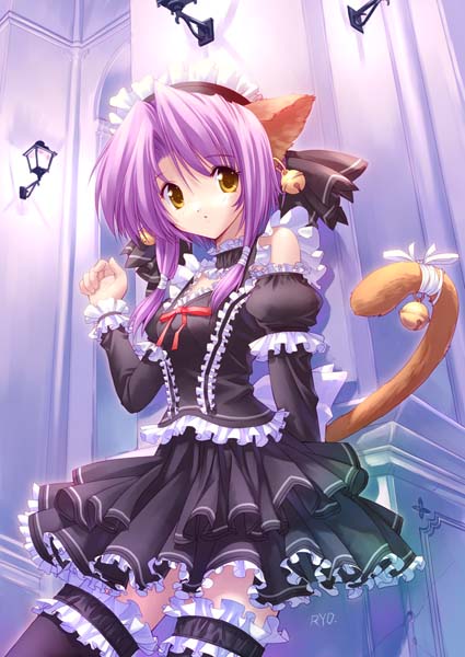 ueda ryou, duplicate, animal ears, bell, black thighhighs, cat ears, cat tail, earrings, frilled thighhighs, frills, goth fashion, gothic lolita, jewelry, jingle bell, lingerie, lolita fashion, petticoat, purple hair, short hair, solo, tail, tail bell, tail ornament, thighhighs, ueda ryo, underwear, yellow eyes